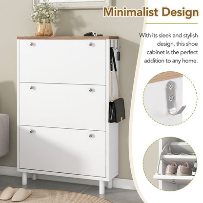 Narrow 3-Flip Drawer Shoe Cabinet Wood Grain Top Entryway Organizer Inkedjoy