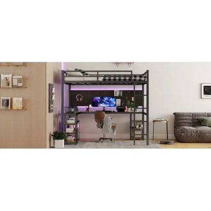 Full XL Metal Loft Bed With Desk And Shelves, Loft Bed With Ladder And Guardrails-Black My Store