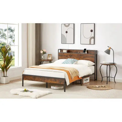 Bed Frame With Charging Station Full Size, Rustic Brown My Store