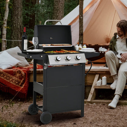 Propane Gas Grill 3 Burner Barbecue Grill, Stainless Steel With Two Shelves, Lid, Wheels And Bottle Opener Inkedjoy