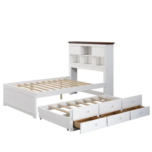 Solid Pine Captain Bookcase Bed With Trundle Bed And 3 Spacious Under Bed Drawers In Casual,Full, White Walnut My Store