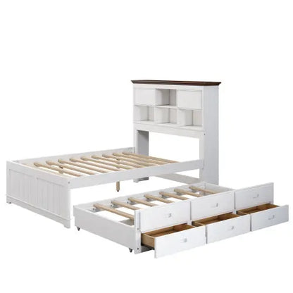 Solid Pine Captain Bookcase Bed With Trundle Bed And 3 Spacious Under Bed Drawers In Casual,Full, White Walnut My Store