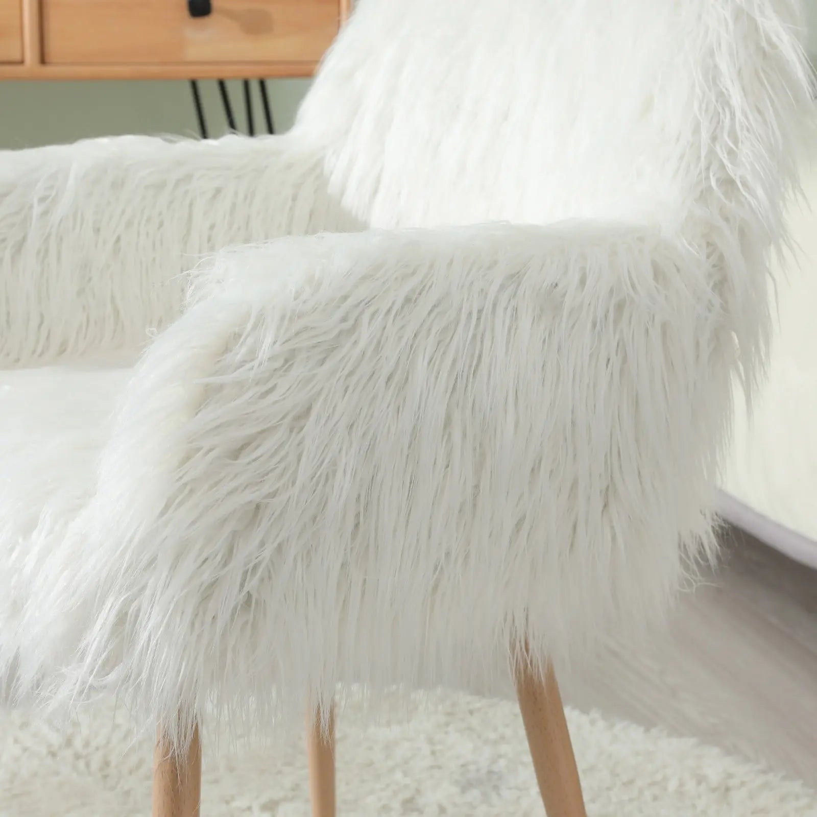 WHITE Faux Fur Upholstered Make Up Chair Side Dining Chair With Metal Leg WHITE Beech Metal Leg My Store
