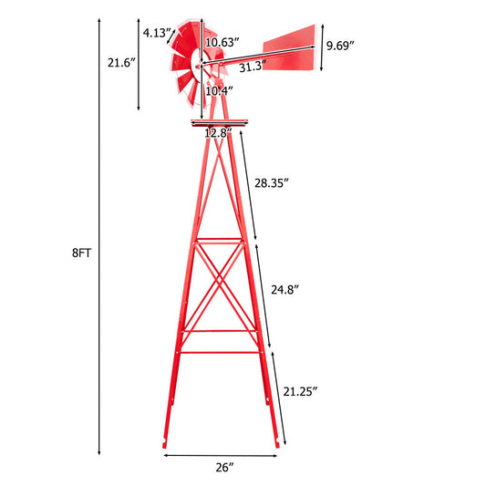 8FT Weather Resistant Yard Garden Windmill Red Inkedjoy