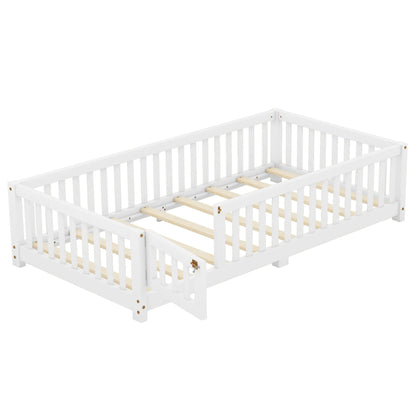 Twin Size Bed Floor Bed With Safety Guardrails And Door For Kids, White My Store