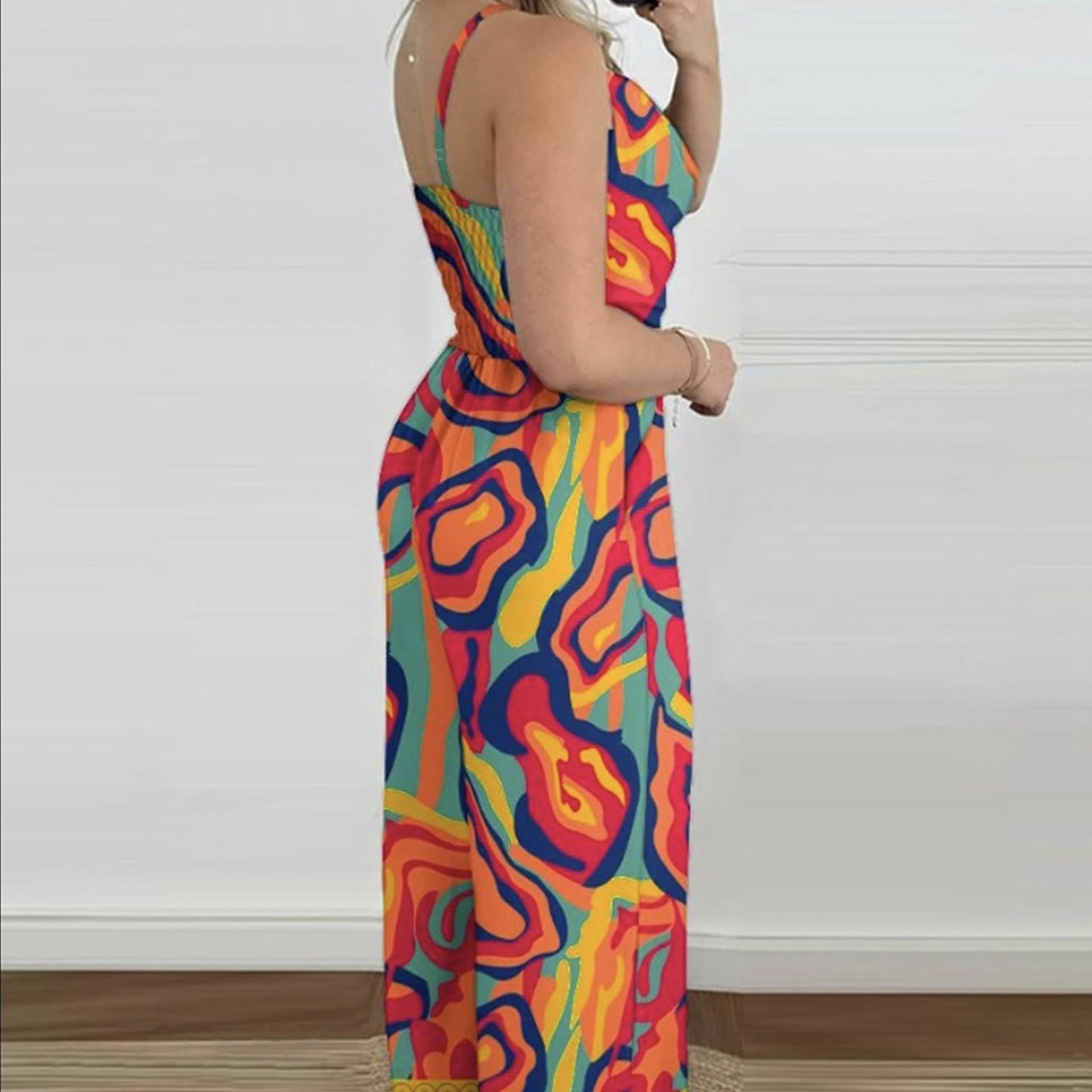 Ladies' Printed V-neck Fashionable Casual Jumpsuit Inkedjoy