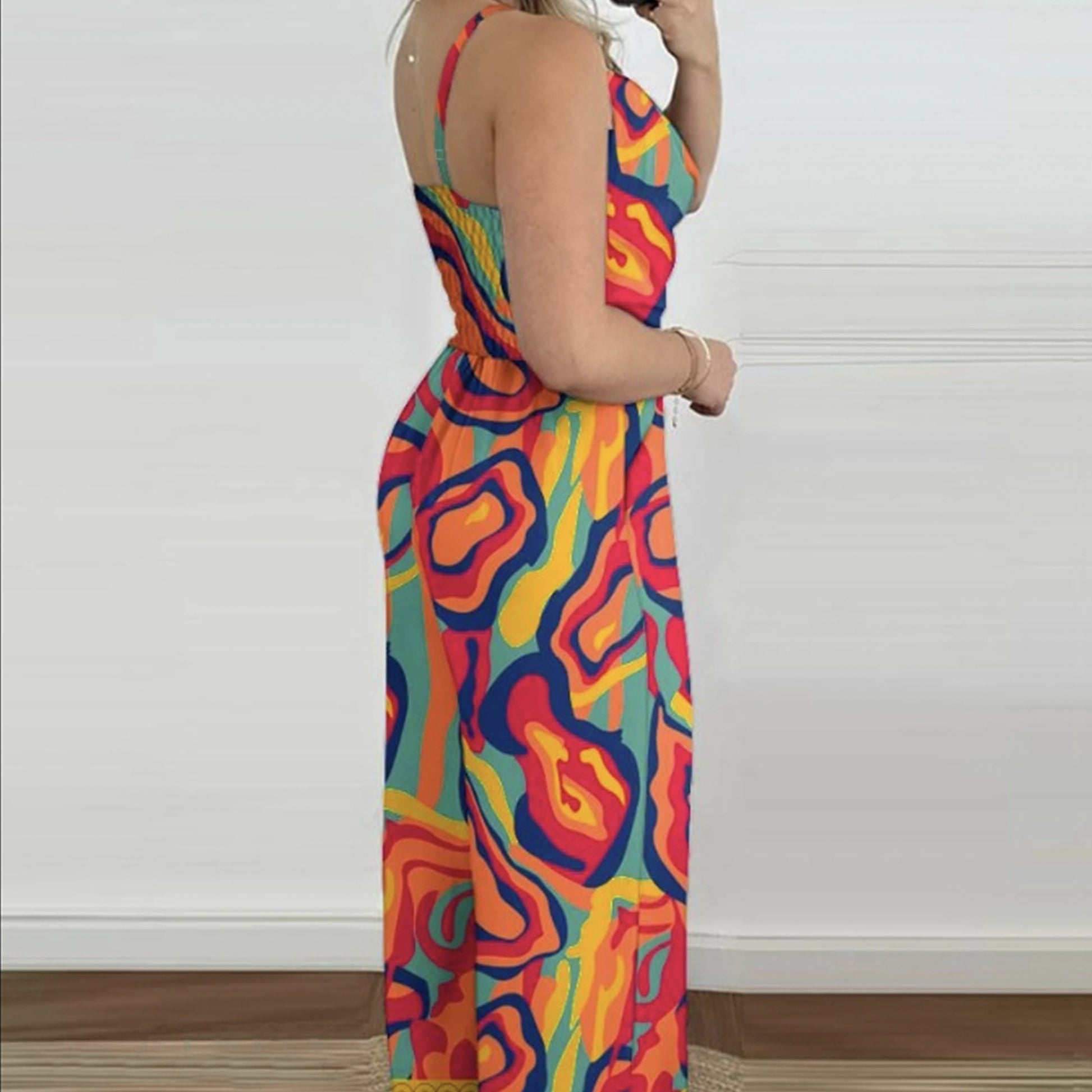 Ladies' Printed V-neck Fashionable Casual Jumpsuit Inkedjoy