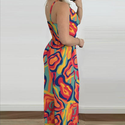 Ladies' Printed V-neck Fashionable Casual Jumpsuit Inkedjoy