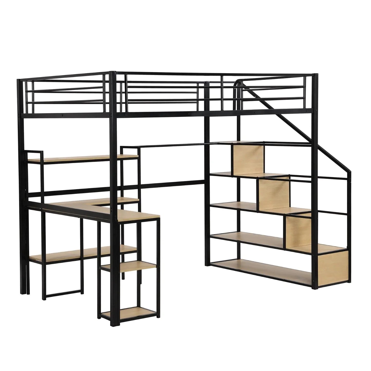 Full Size Metal Loft Bed With Staircase, Built-in Desk And Shelves, Black My Store