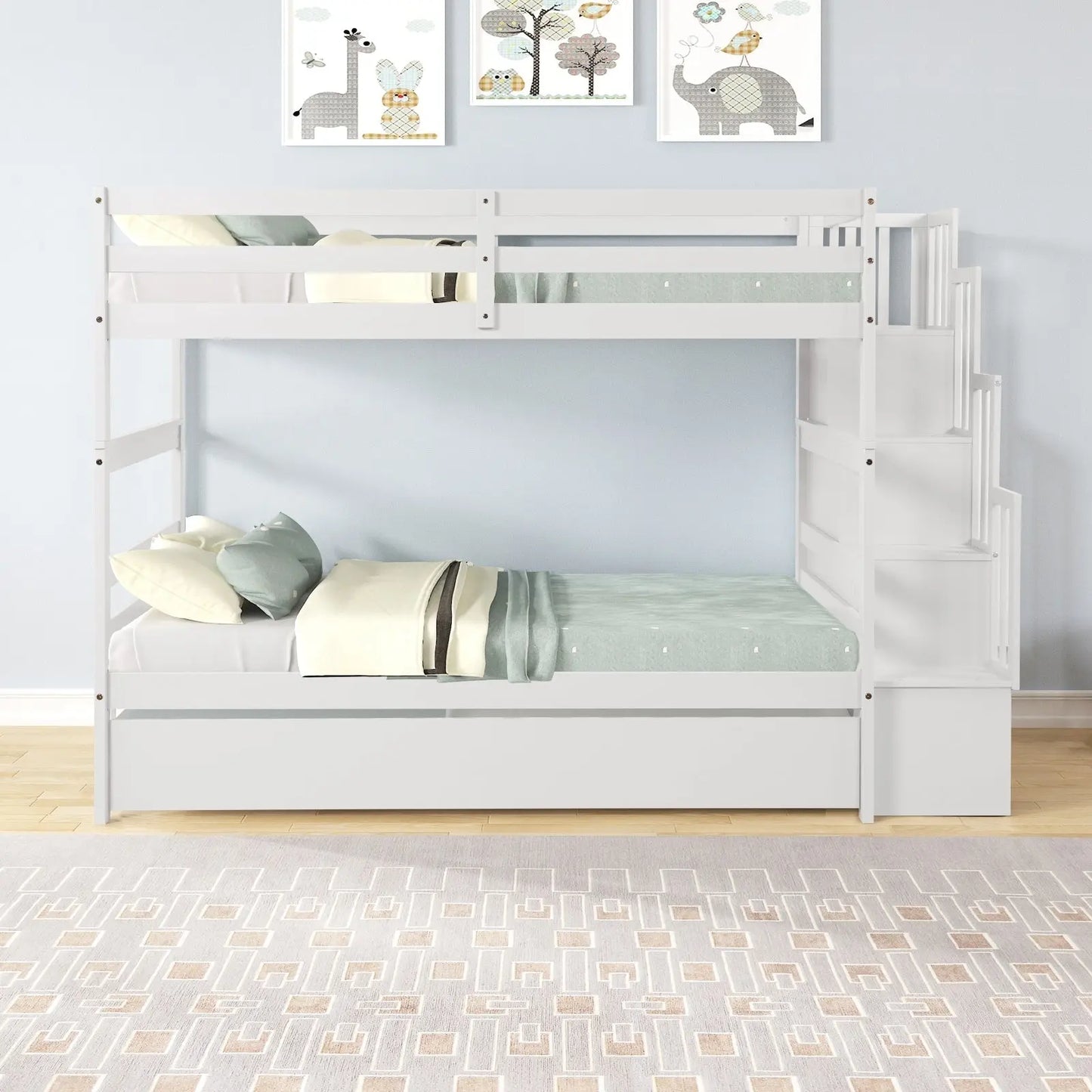 Twin Bunk Beds With Trundle & Stairway Storage In White Siesta