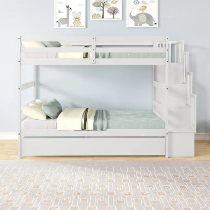 Twin Bunk Beds With Trundle & Stairway Storage In White Siesta