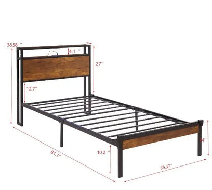 Twin Size Metal Platform Bed Frame With Wooden Headboard And Footboard With USB LINER My Store