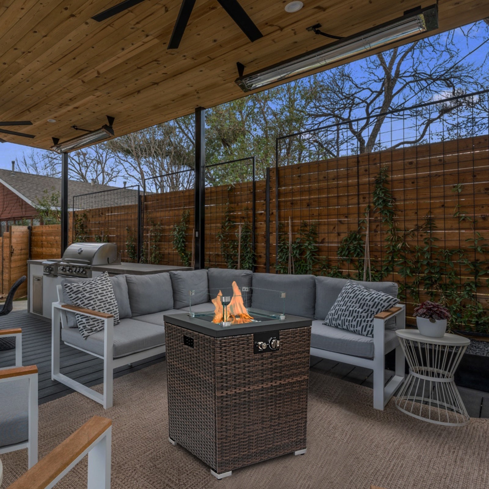 Wicker Fire Pit Column With Glass Wind Guard Inkedjoy