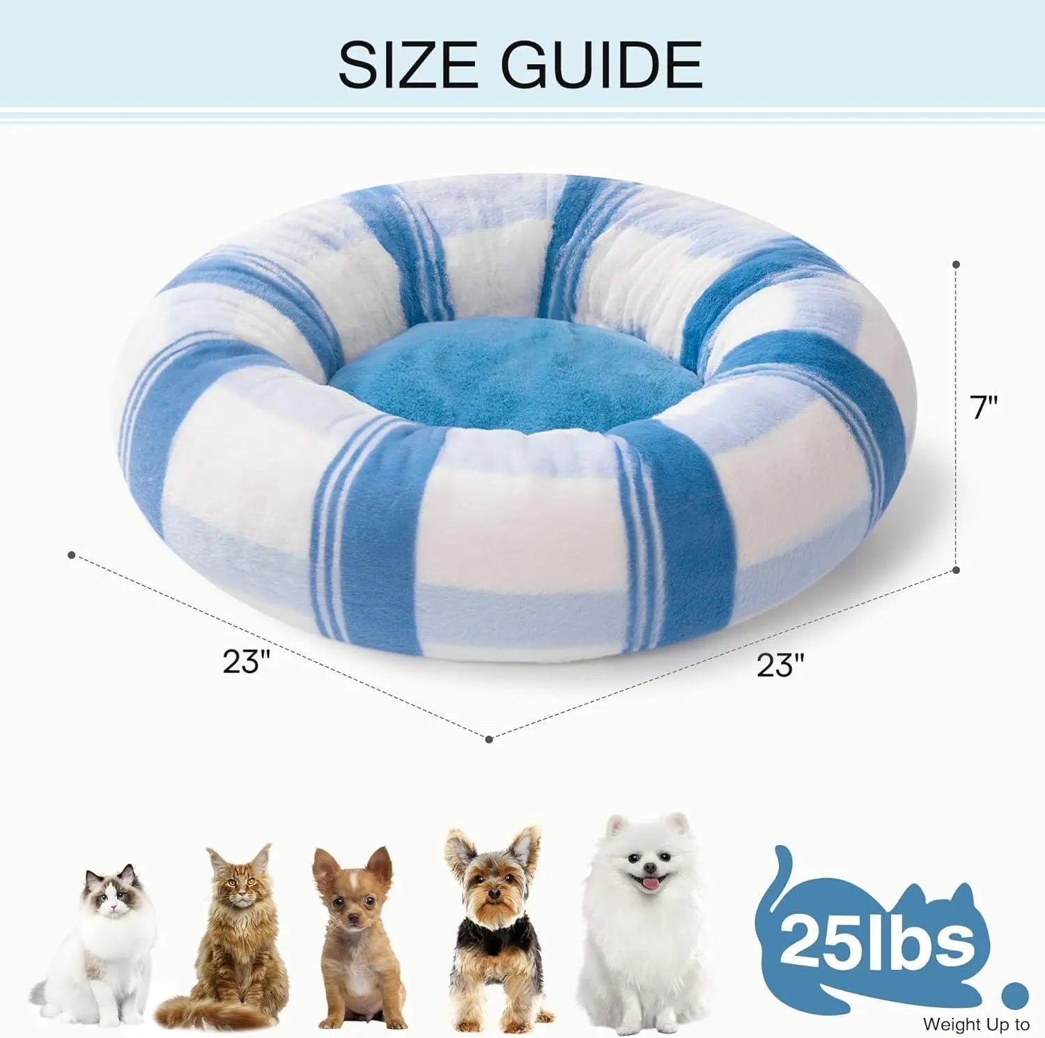 Plush Round Calming Washable Pet Bed With Non-Slip Bottom- Blue Striped My Store