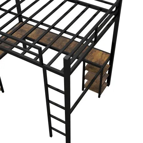 Full XL Metal Loft Bed With Desk And Shelves, Loft Bed With Ladder And Guardrails-Black My Store