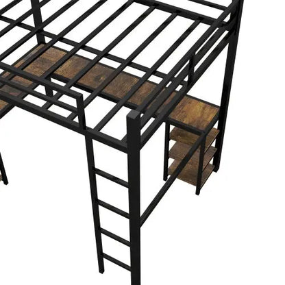 Full XL Metal Loft Bed With Desk And Shelves, Loft Bed With Ladder And Guardrails-Black My Store