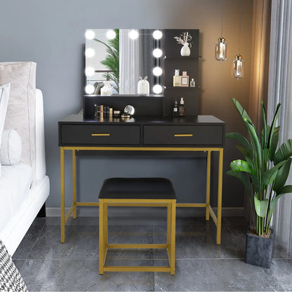 Black, Particleboard, Steel Frame, Two-drawer, Three-tier Shelf, Dressing Table Set, Three-tone Light, Light Luxury My Store