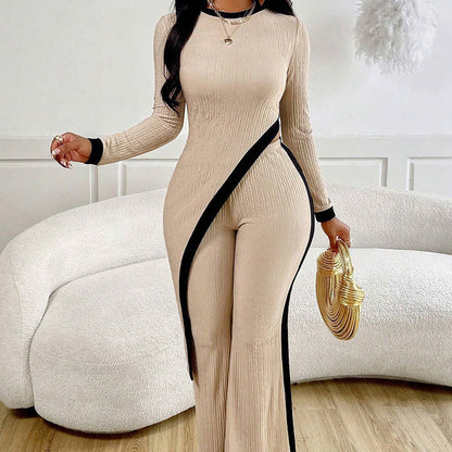Women's 2 Piece Outfit Sexy Asymmetrical Hem Long Sleeve Top And Wide Leg Pants Sets Elegant Vacation Going Out Suit Inkedjoy