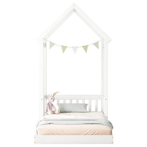 Twin House-shaped Roof Headboard Floor Bed,,without Slats,White My Store