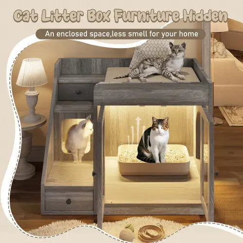 Indoor Cat House Enclosure With Light , Hidden Litter Box Furniture With 2 Storage Drawers My Store