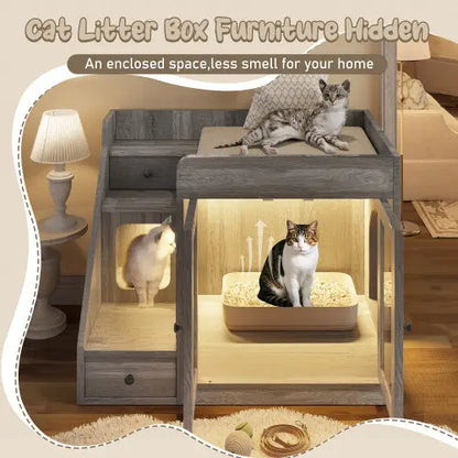Indoor Cat House Enclosure With Light , Hidden Litter Box Furniture With 2 Storage Drawers My Store