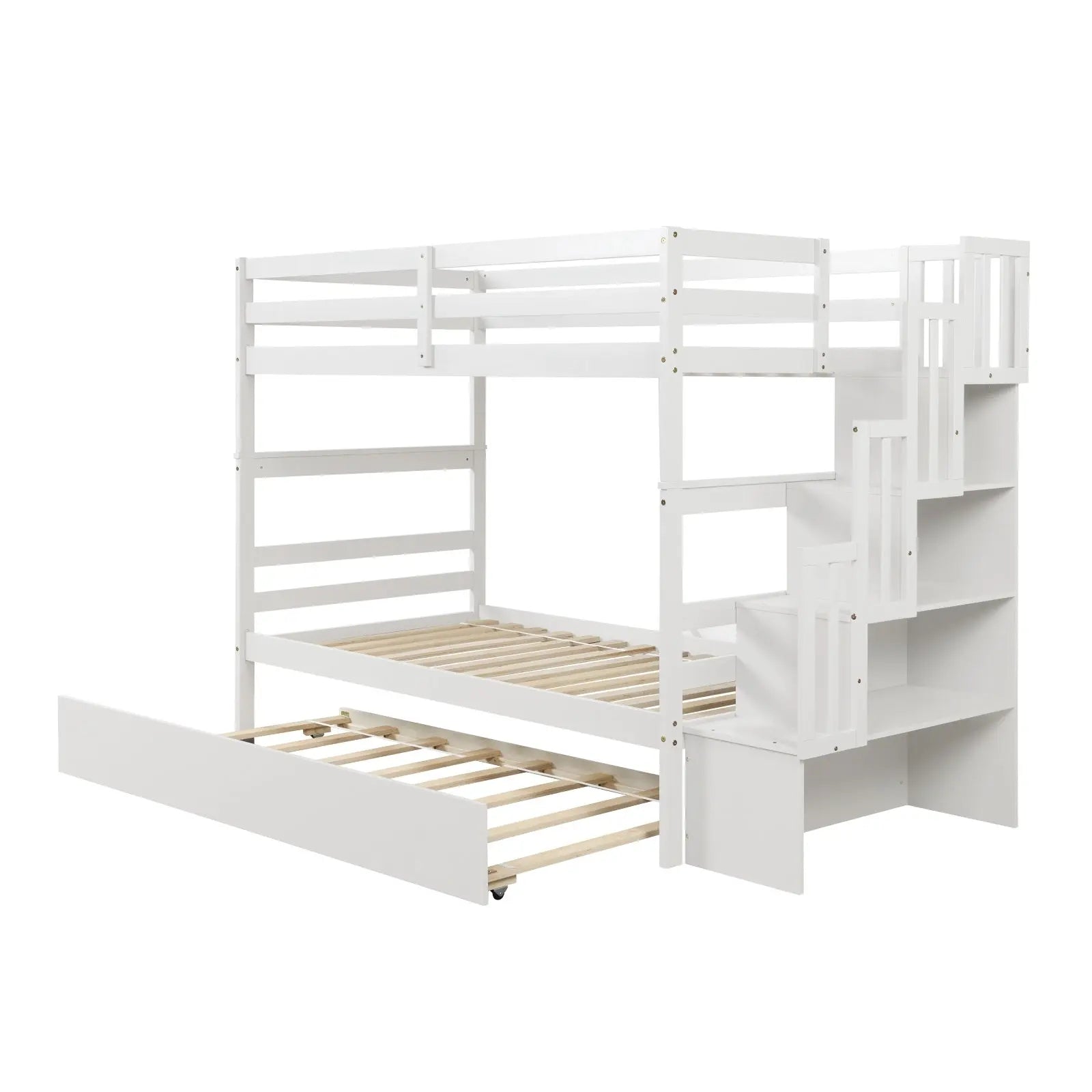 Twin Bunk Beds With Trundle & Stairway Storage In White Siesta