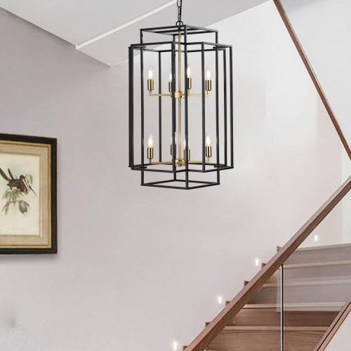 8 Lights Black & Gold Lantern Tiered Chandelier, Industrial Farmhouse Chandelier Inkedjoy