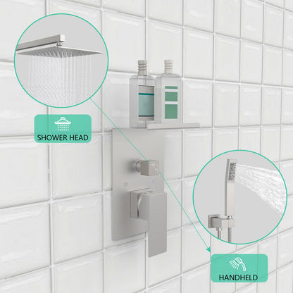 Rainfall Shower System With Storage Rack 10 Inch Shower Faucet Set Brushed Nickel With High Pressure Inkedjoy