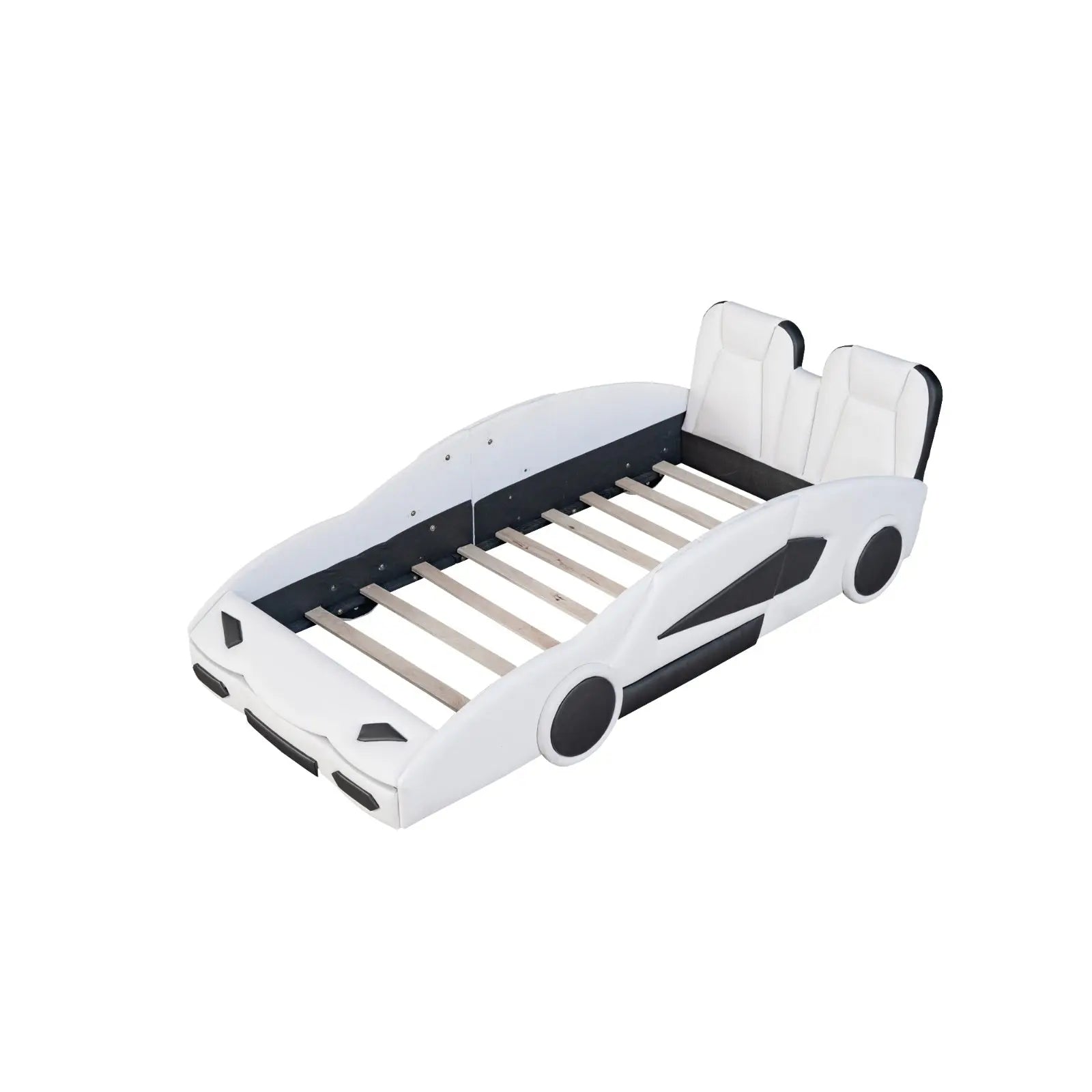 Twin Size Race Car-Shaped Platform Bed With Wheels, White My Store