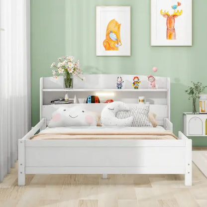 Wood Full Size Platform Bed With Built-in LED Light, Storage Headboard And Guardrail, White My Store