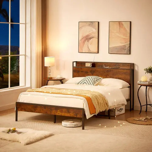 Bed Frame With Charging Station Full Size, Rustic Brown My Store
