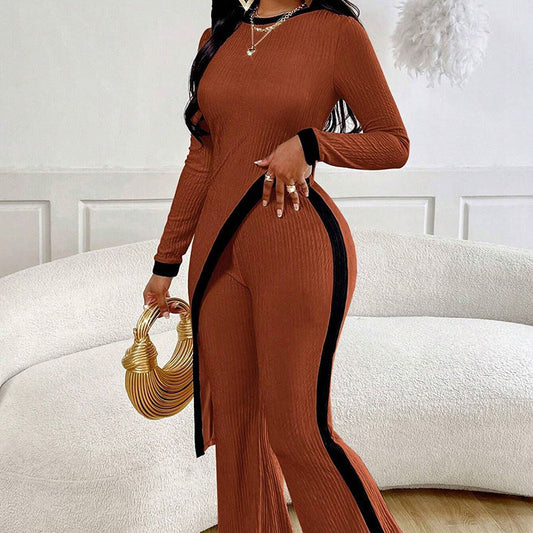 Women's 2 Piece Outfit Sexy Asymmetrical Hem Long Sleeve Top And Wide Leg Pants Sets Elegant Vacation Going Out Suit Inkedjoy
