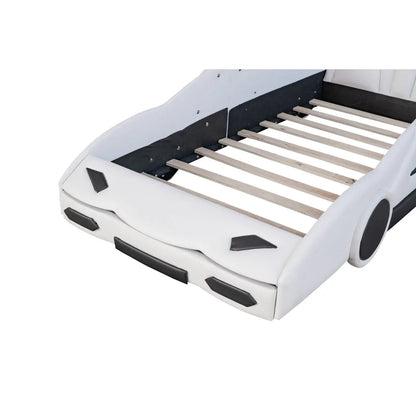 Twin Size Race Car-Shaped Platform Bed With Wheels, White My Store
