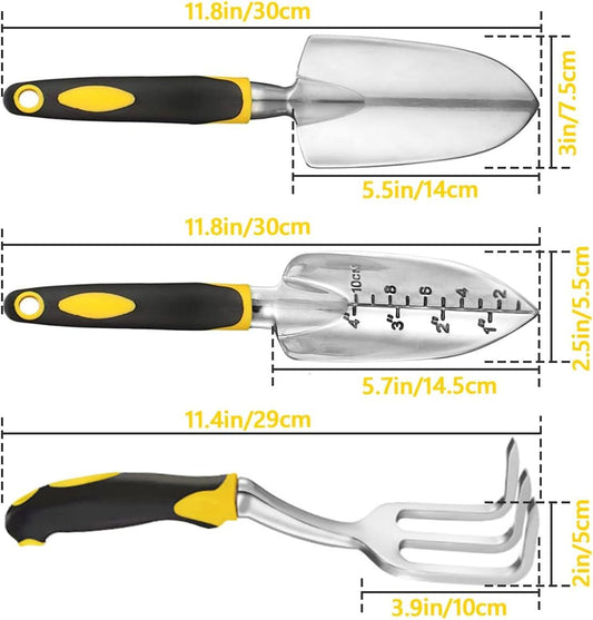 Gardening Hand Tools 3 Piece Set - Heavy Duty Garden Trowel, Trans-planter, Hand Rake - Ergo Grip Handle Inkedjoy