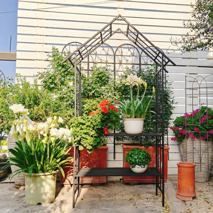 Metal Garden Arch, With Benches- Black Inkedjoy
