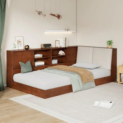 Wooden Twin Size L-shaped Daybed Storage Bookcase And Upholstered Headboard And USB Charging Port My Store