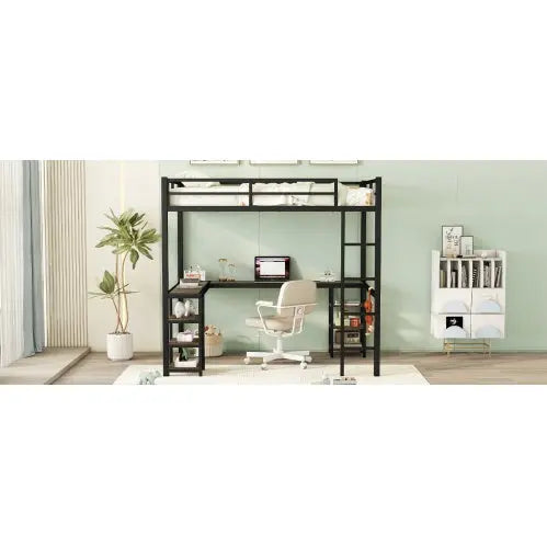 Full Metal Loft Bed With Desk And Shelves, Loft Bed With Ladder And Guardrails, Loft Bed Frame For Bedroom My Store