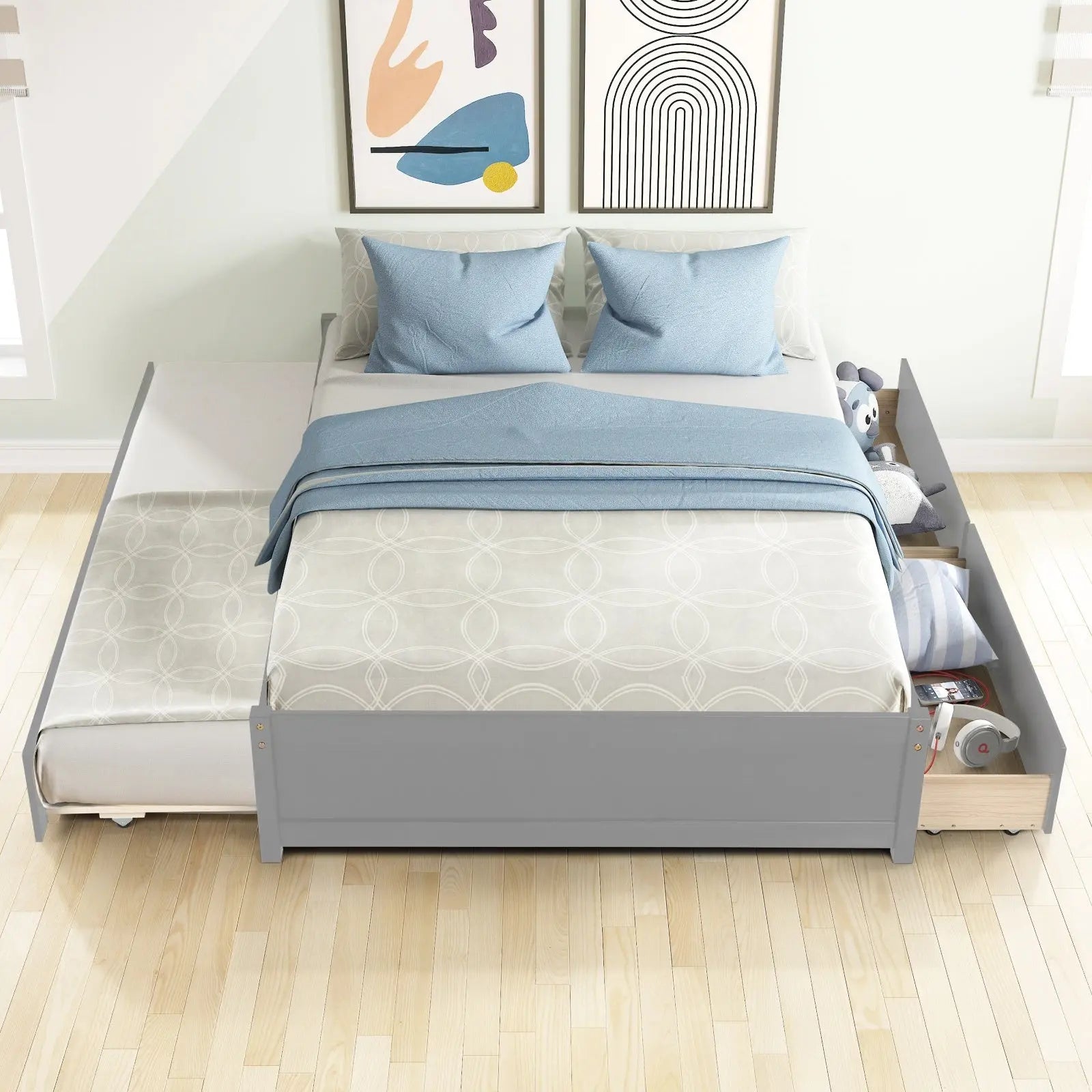 FULL BED WITH TWIN SIZE TRUNDLE AND TWO DRAWERS FOR GREY COLOR My Store