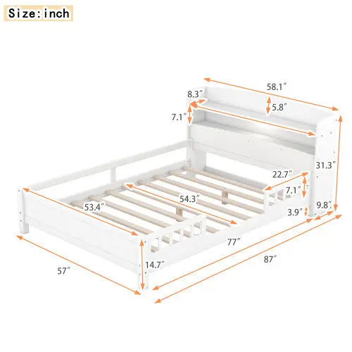 Wood Full Size Platform Bed With Built-in LED Light, Storage Headboard And Guardrail, White My Store