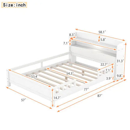 Wood Full Size Platform Bed With Built-in LED Light, Storage Headboard And Guardrail, White My Store