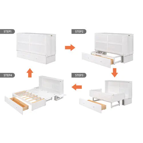 Queen Size Mobile Murphy Bed With Drawer And Little Shelves On Each Side,White My Store