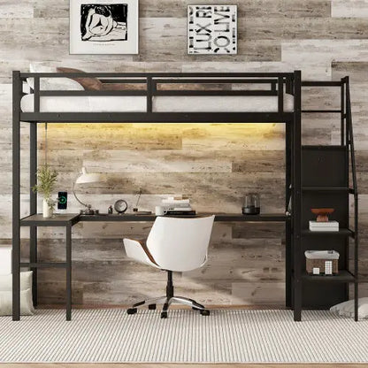 Twin XL Size Loft Bed With L-shaped Desk And USB, Metal -Black My Store
