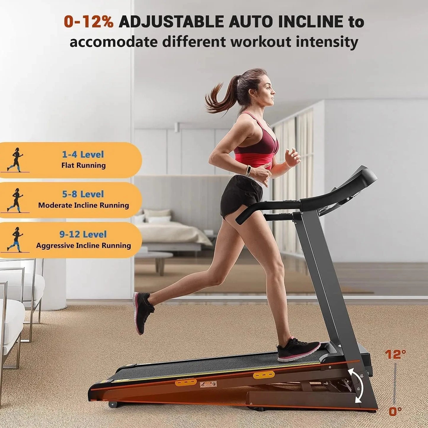 Treadmill with Auto Incline Folding Electric Running Machine 17'' Electric Treadmills 2.5HP/8.5MPH with 15 Training Programs Ohberri