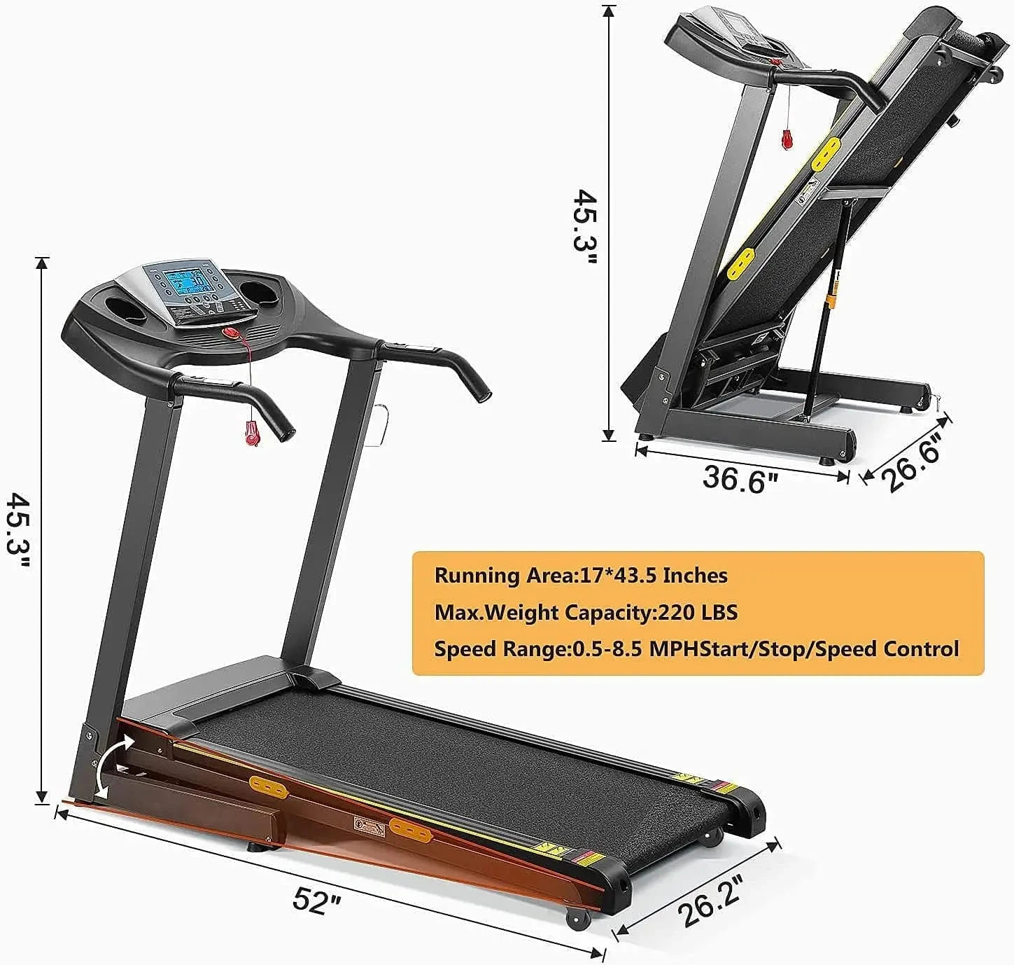 Treadmill with Auto Incline Folding Electric Running Machine 17'' Electric Treadmills 2.5HP/8.5MPH with 15 Training Programs Ohberri
