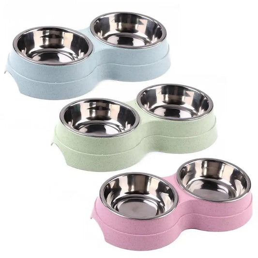 Dog Double Bowl Puppy Food Water Feeder Cute Stainless Steel Pets Drinking Dish Feeder Pets Supplies Feeding Dishes Dogs Bowl Ohberri