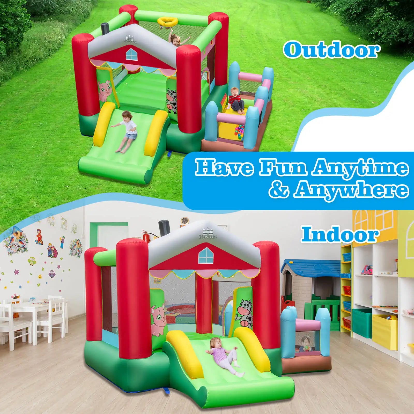 4-in-1 Farm Themed Inflatable Bounce House with Slide Ball Pit & Basketball Hoop - Ohberri