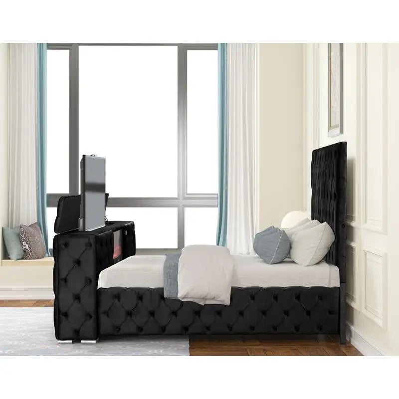 Modern Style Tufted Upholstered King 5PC Vanity Bedroom Set Wood in Black - Ohberri
