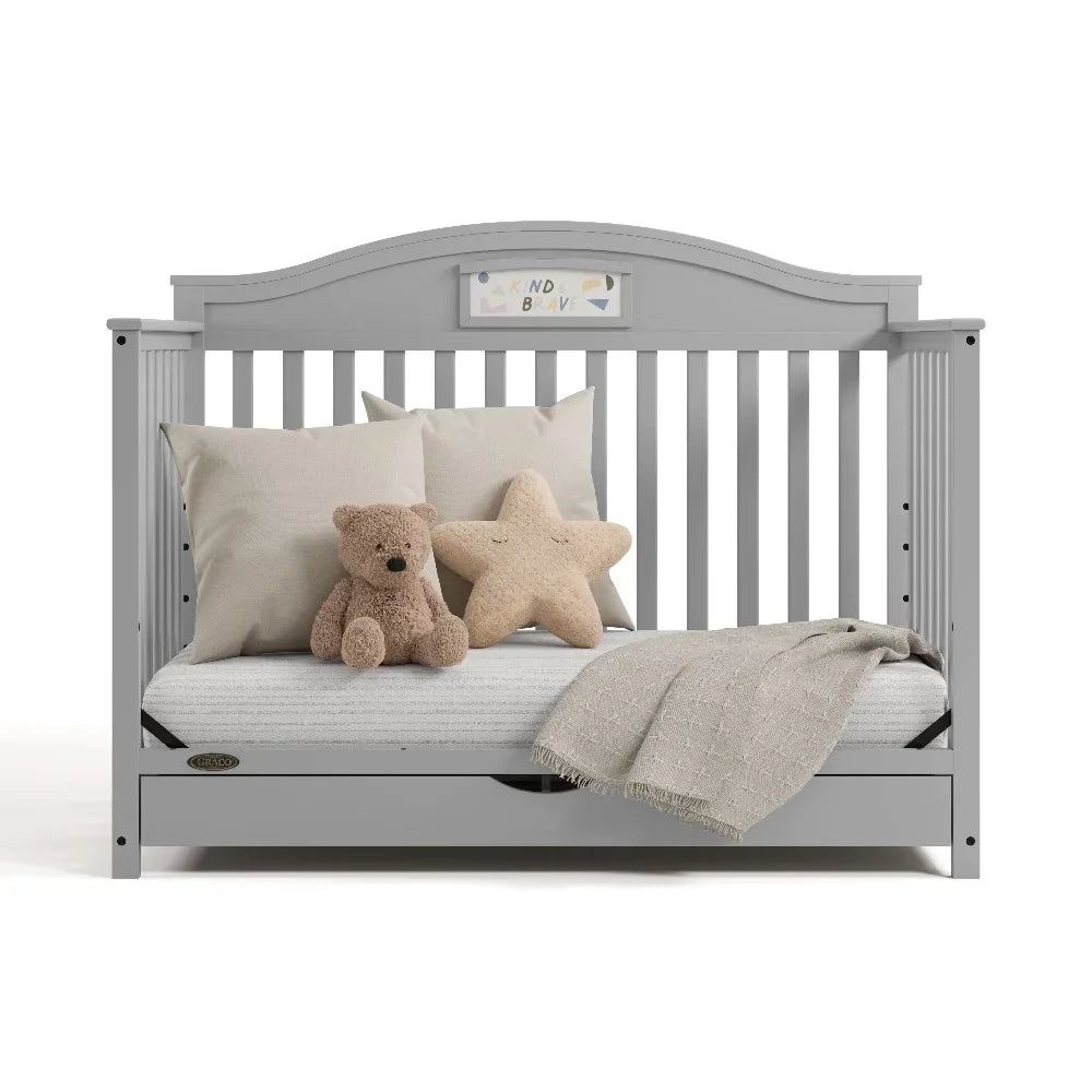 5-in-1 Convertible Baby Crib with Drawer and Reversible Headboard, Pebble Gray - Ohberri