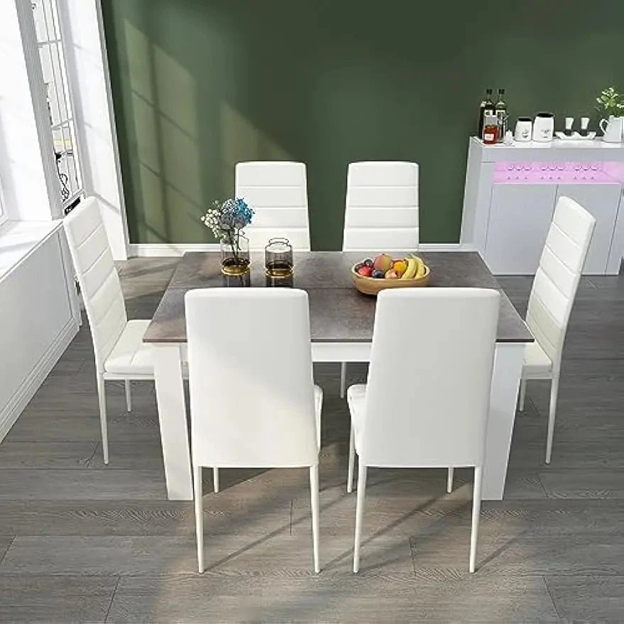 Dining Table and Chairs Set 6, 7 Pieces Kitchen Table Set with High Back Faux Leather Chair Ohberri