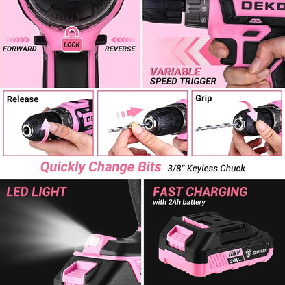 DEKO Pink Drill Tool Kit Set: 20V Cordless Power Drill Tool Box with Battery Electric Drill Driver Ohberri